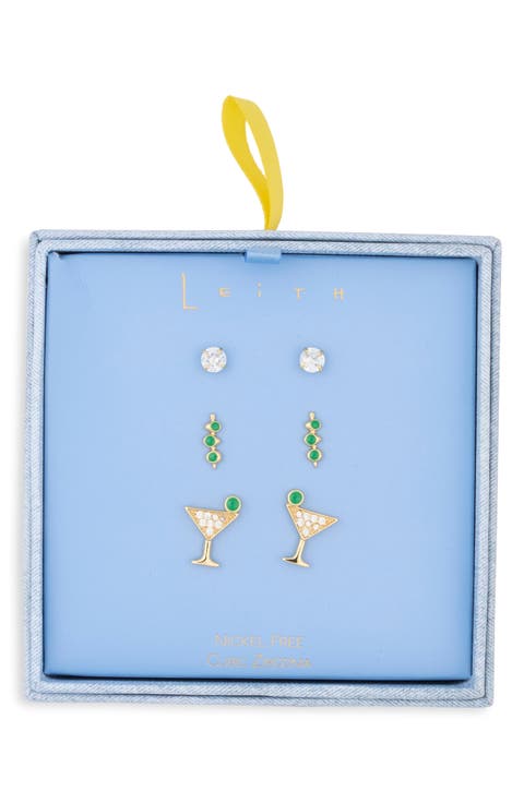 Set of 3 Cubic Zirconia Martini Stud Earrings
