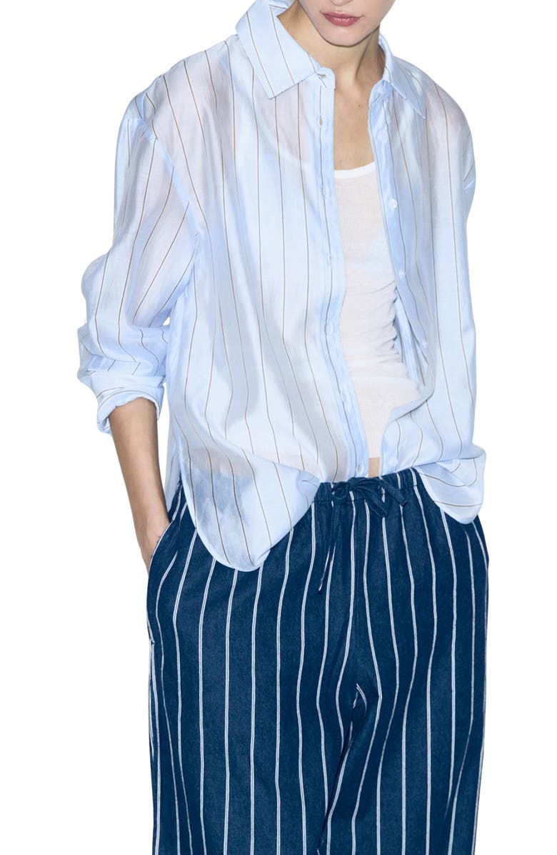 MANGO Stripe Sheer Button-Up Shirt, Main, color, Sky Blue
