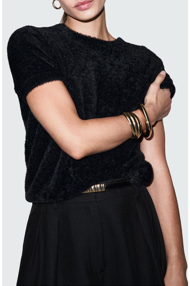 Short Sleeve Faux Fur Sweater, Main, color, BLACK