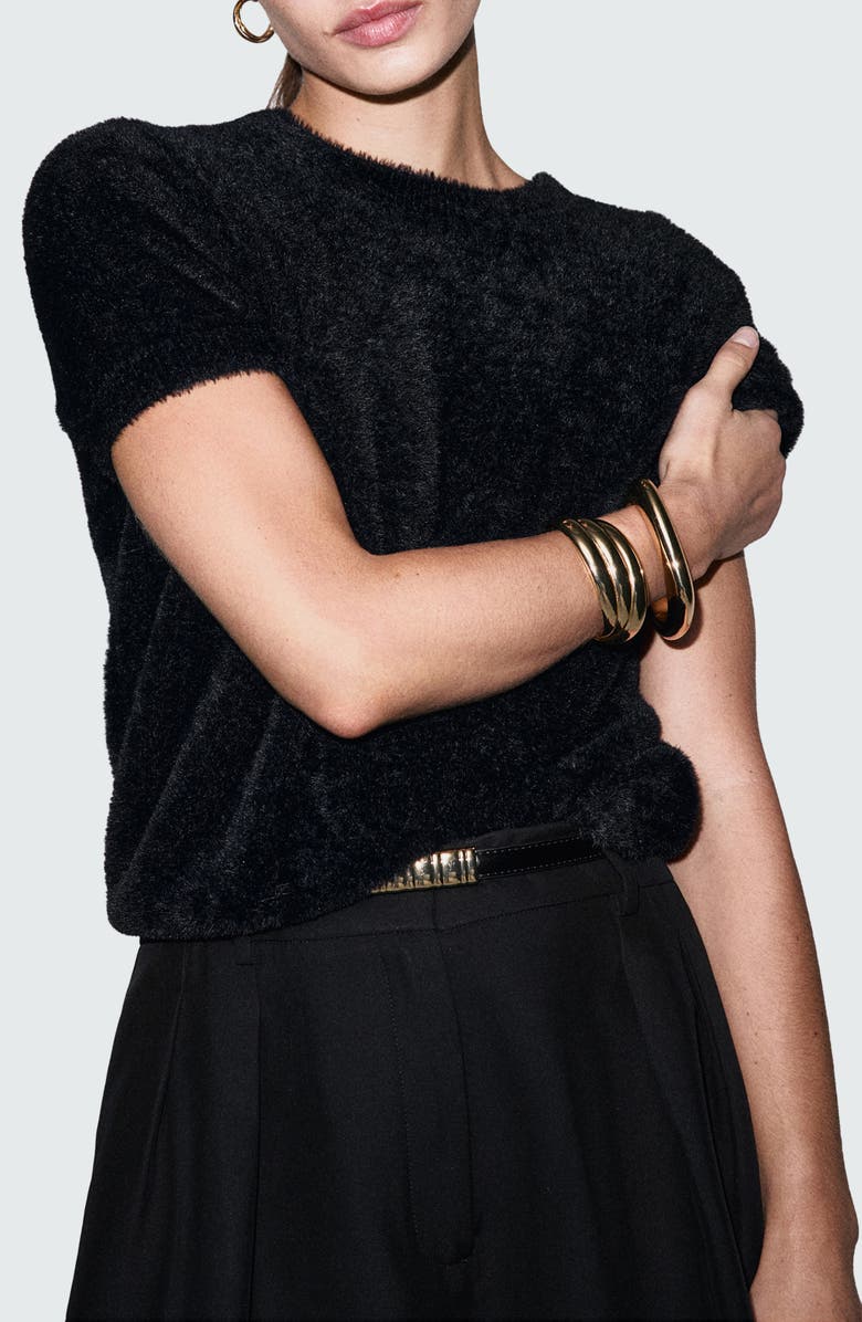 MANGO Short Sleeve Faux Fur Sweater, Main, color, Black