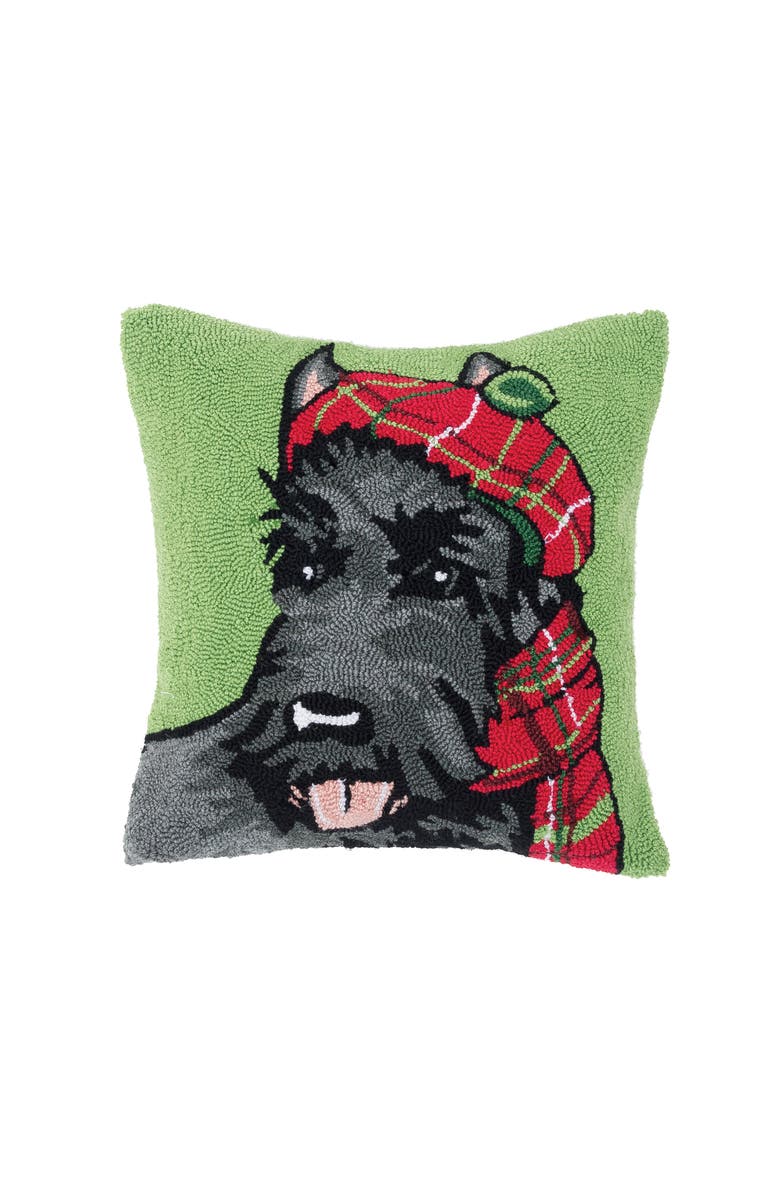 C&F Home Scottish Terrier Dog w/ Plaid Scarf Christmas Hooked Accent Throw Pillow 18" x 18", Main, color, Green