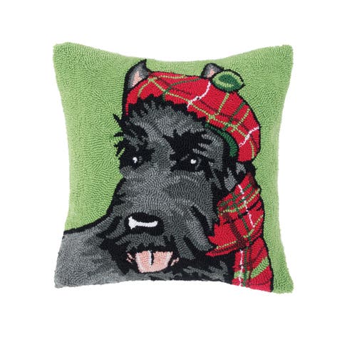 Scottish Terrier Dog w/ Plaid Scarf Christmas Hooked Accent Throw Pillow 18" x 18"