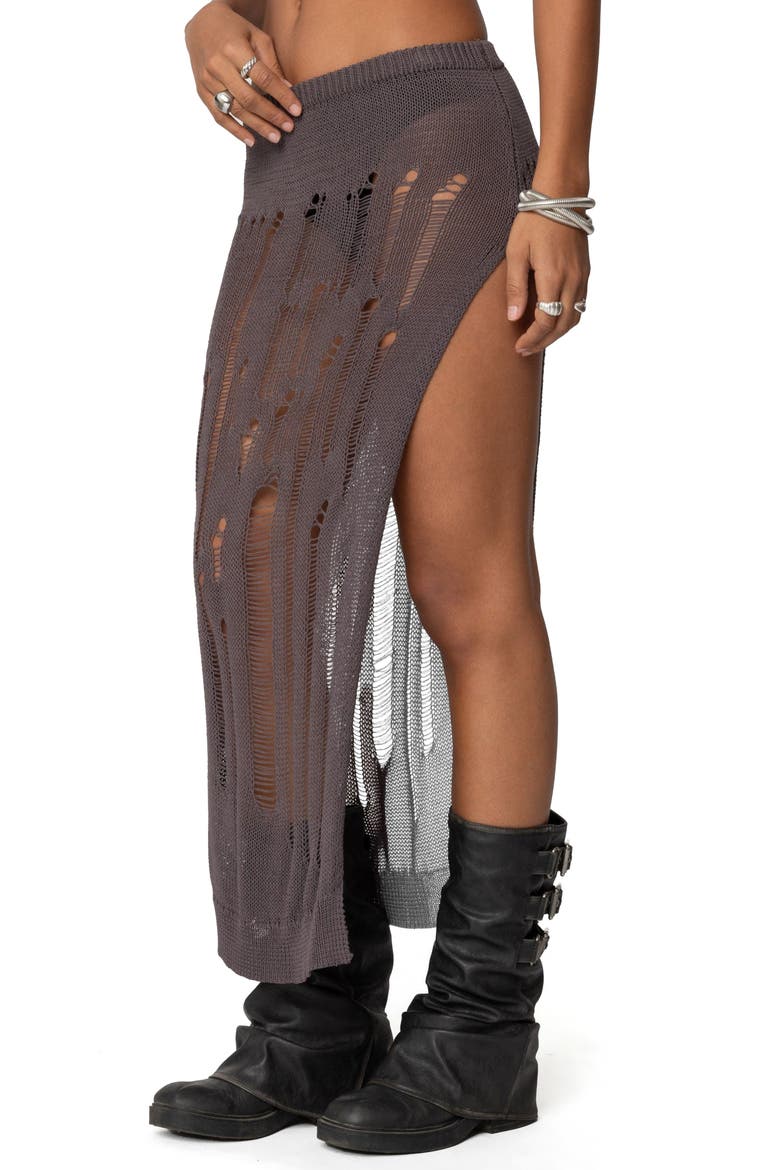 Jaynie Distressed Open Knit Maxi Skirt, Alternate, color, BROWN