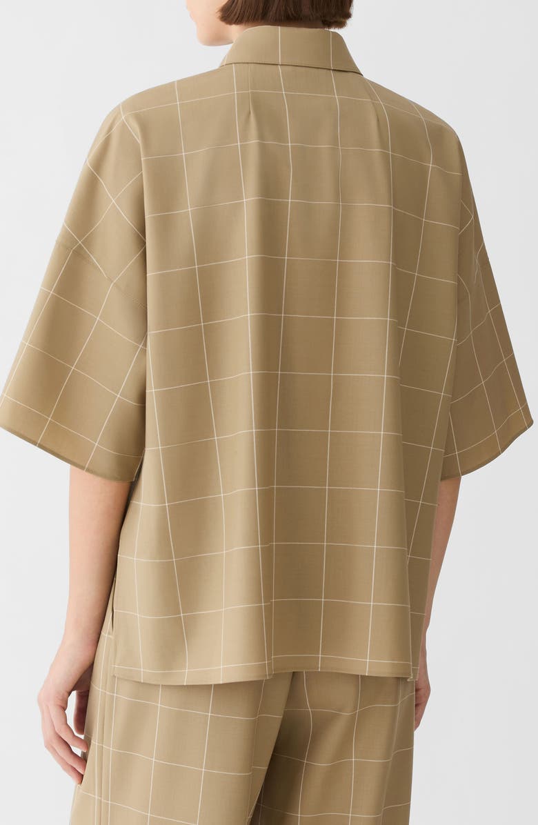 Lafayette 148 New York Workwear Garden Grid Tropical Merino Wool Blend Short Sleeve Button-Up Shirt, Alternate, color, Cadet Khaki Multi