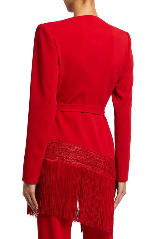 Badgley Mischka Fringe Trim Wrap Jacket In Red