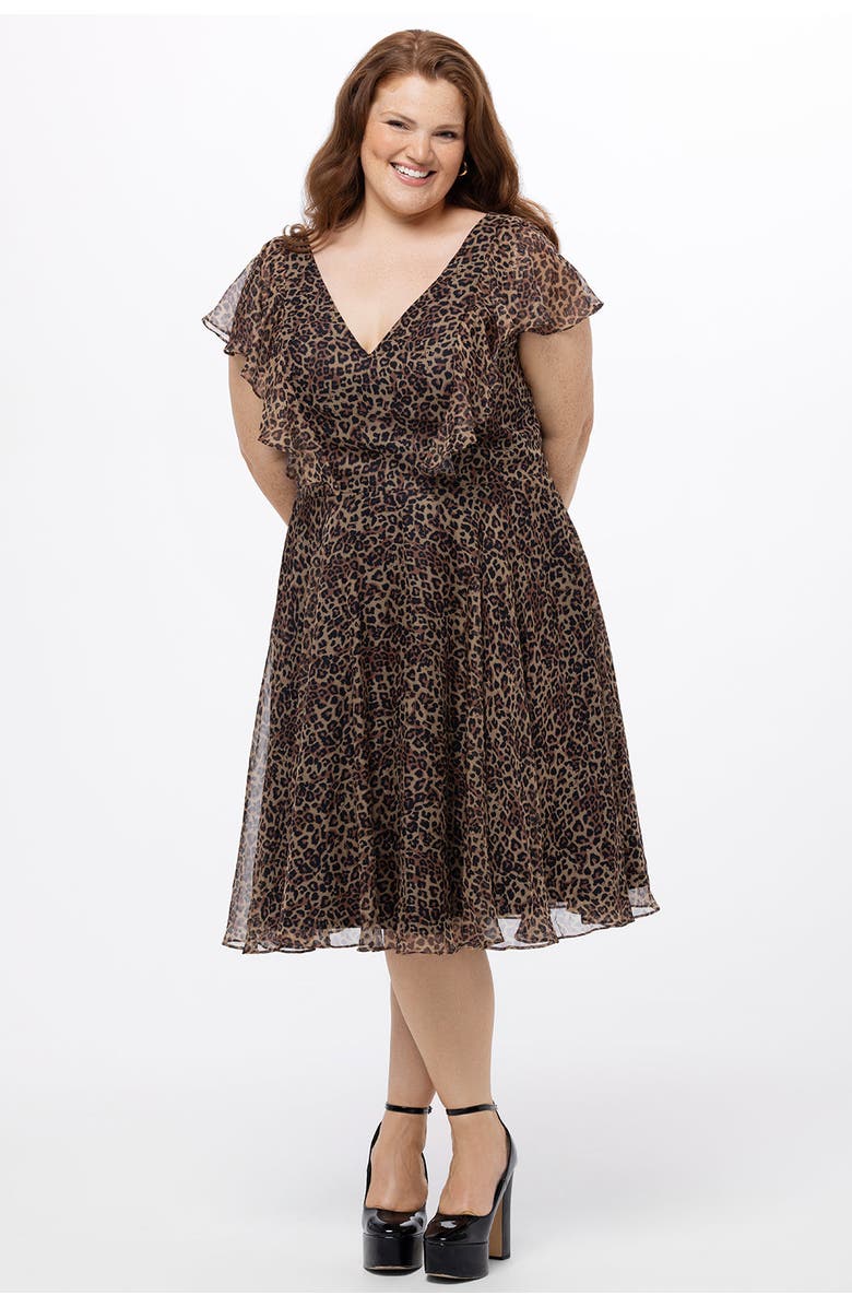 Celebrations by Sydney's Closet V-Neck Flutter Sleeve Plus Size Animal Print Dress, Main, color, Animal Print