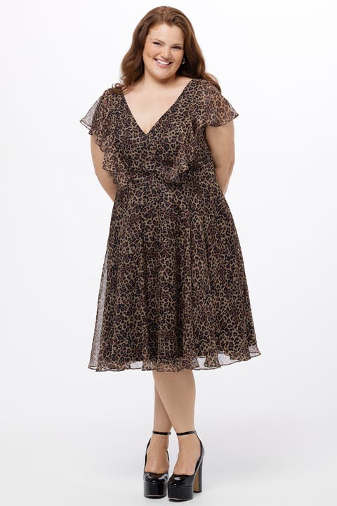 V-Neck Flutter Sleeve Plus Size Animal Print Dress