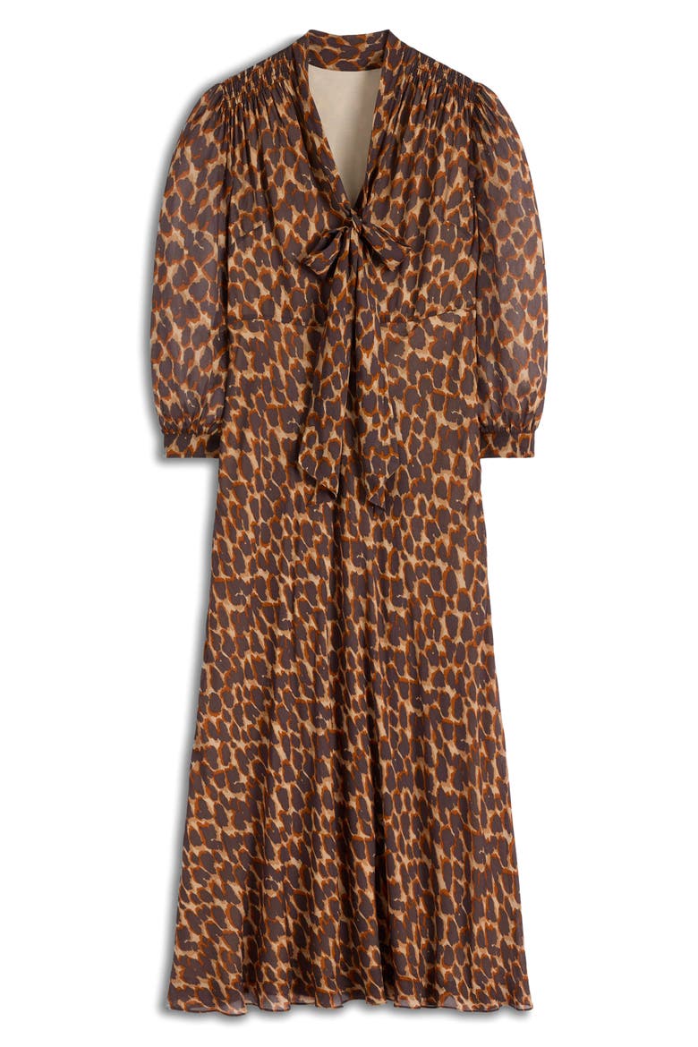 Leopard Print Tie Neck Midi Dress, Alternate, color, SAND ABSTRACT LEOPARD SPOT