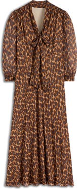 Boden Leopard Print Tie Neck Midi Dress
