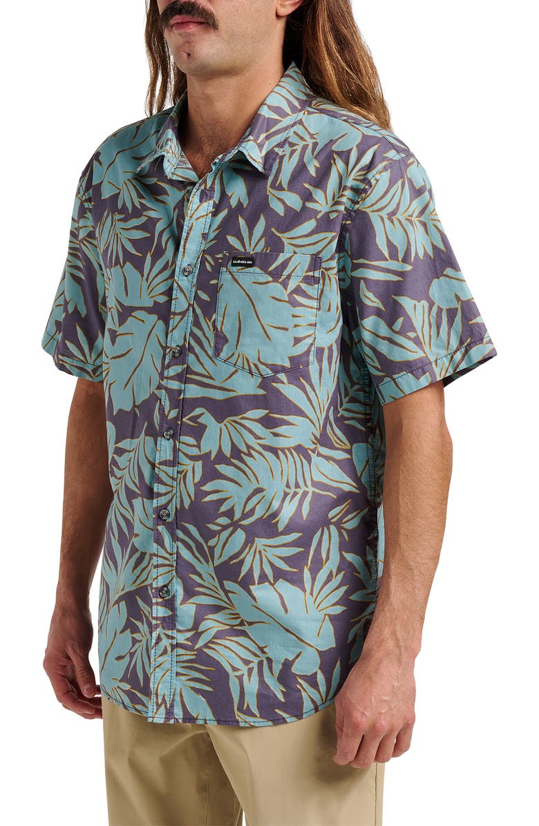 Quiksilver Palm Trip Classic Leaf Print Short Sleeve Cotton Button-Up Shirt, Alternate, color, Graystone/ Turquoise