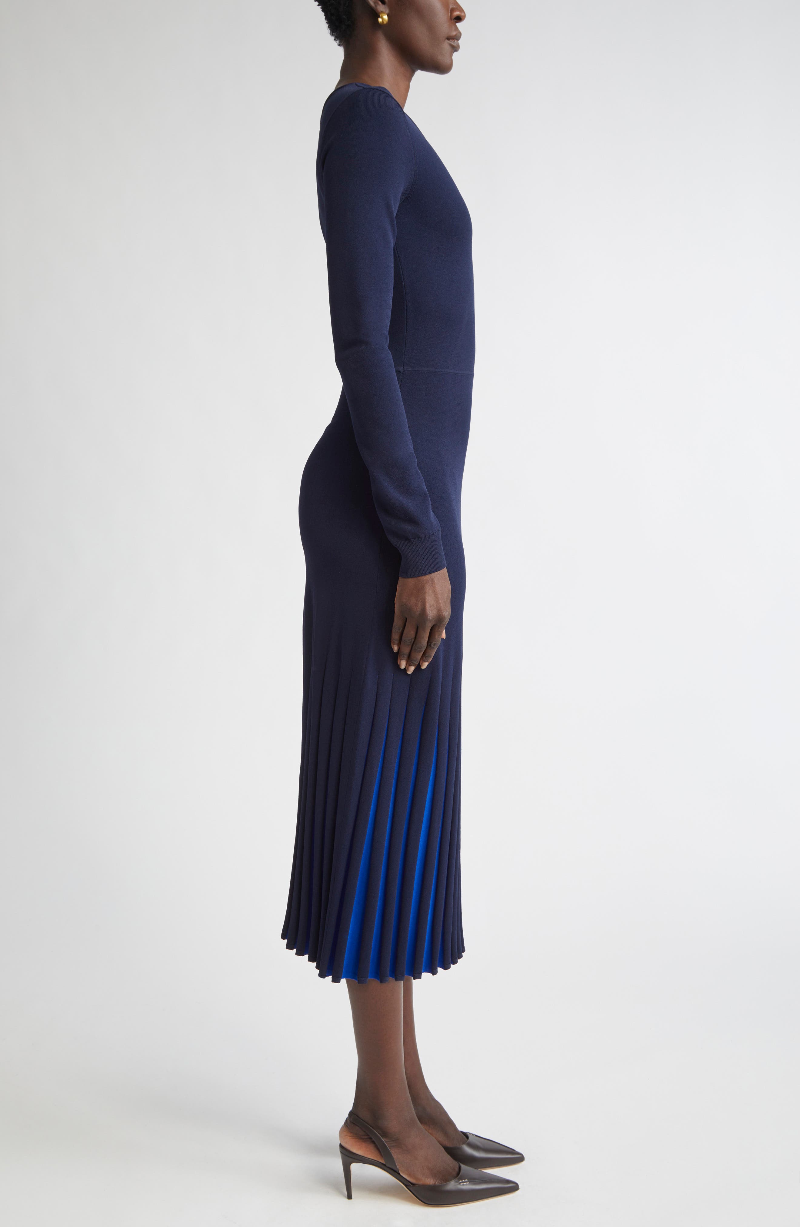 long sleeve jumper and pleated bottom dress Jumper Dress with Satin Pleated Skirt The Style Closet
