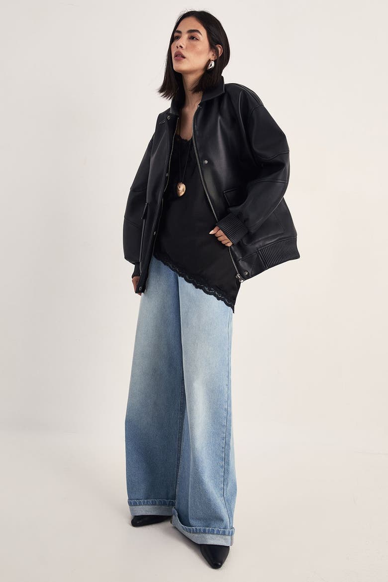 Longline Faux Leather Bomber Jacket, Alternate, color, Black