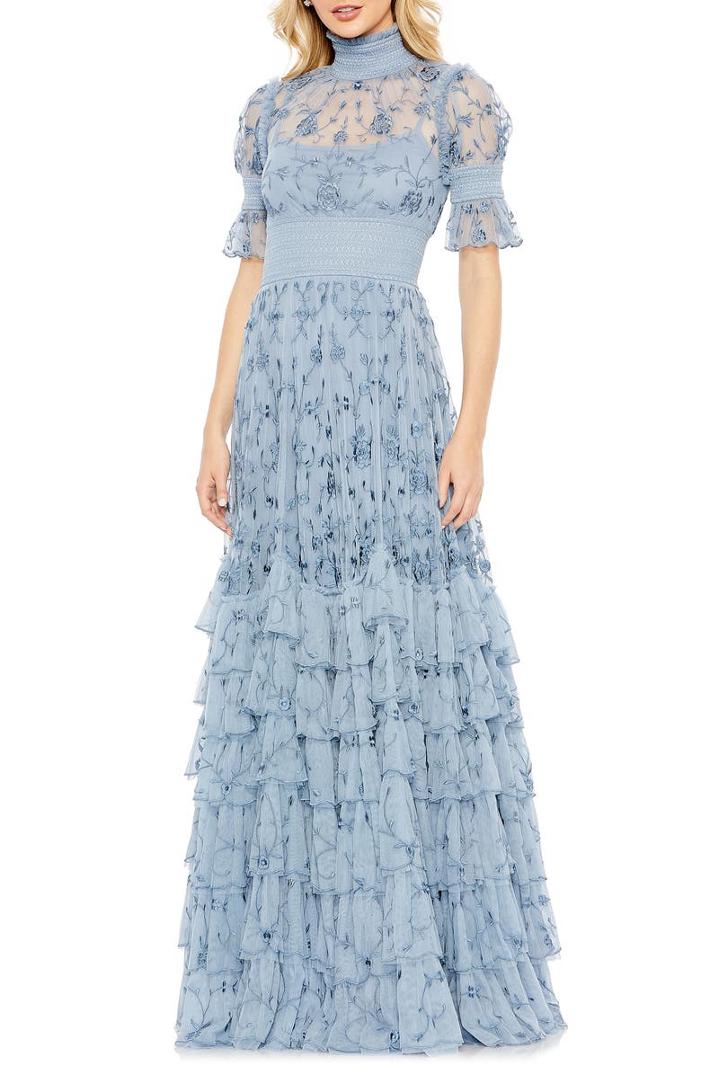 Mac Duggal Floral Embroidered Tiered Ruffle Gown, Main, color,