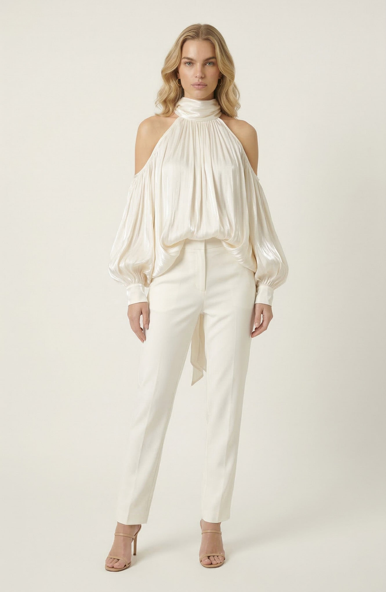 Modenaire High Neck Cold Shoulder Satin Blouse, Alternate, color, Ivory