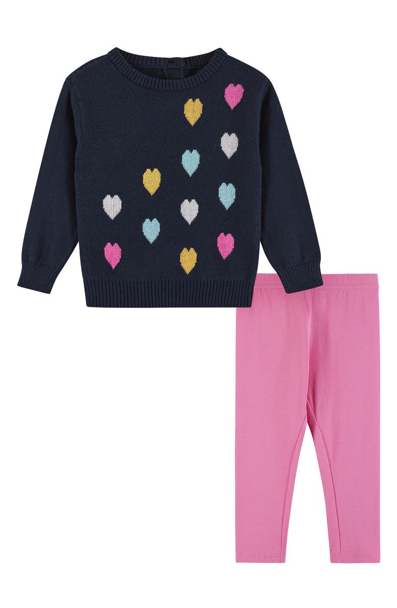 Andy & Evan Heart Intarsia Sweater & Leggings Set, Main, color, Navy/ Pink