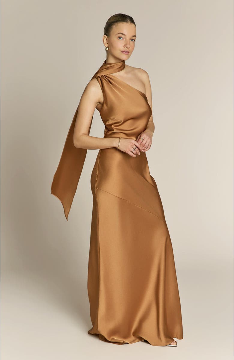 Rewritten Raye One Shoulder Dress, Alternate, color, Caramel