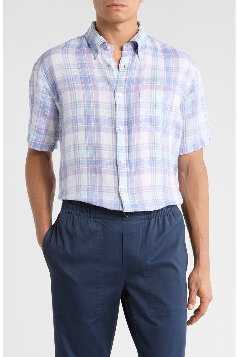 Regular Fit Plaid Short Sleeve Linen Button-Up Shirt, Main, color, NAVY MULTI PLAID