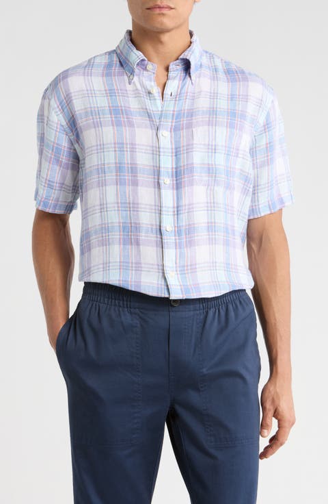 Regular Fit Plaid Short Sleeve Linen Button-Up Shirt