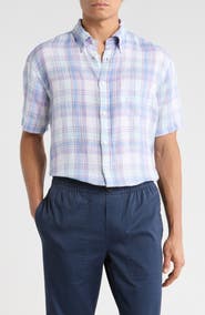 Brooks Brothers Regular Fit Plaid Short Sleeve Linen Button-Up Shirt