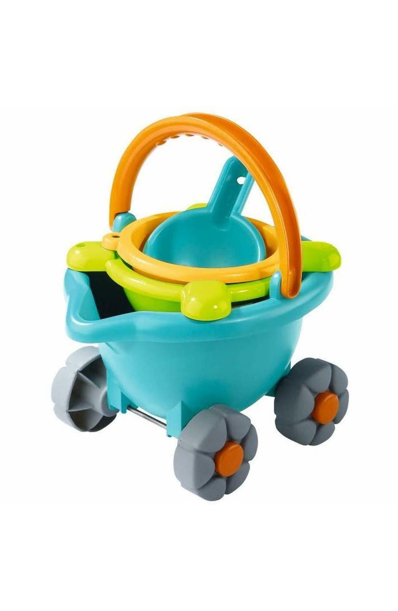 HABA Sand Bucket Scooter - 4 Piece Nesting Beach Toy Set, Toddler Beach Essentials with Sand Bucket, Sieve, Shovel, & Pail on Wheels for Toddlers 1-3, Main, color, Blue Multi