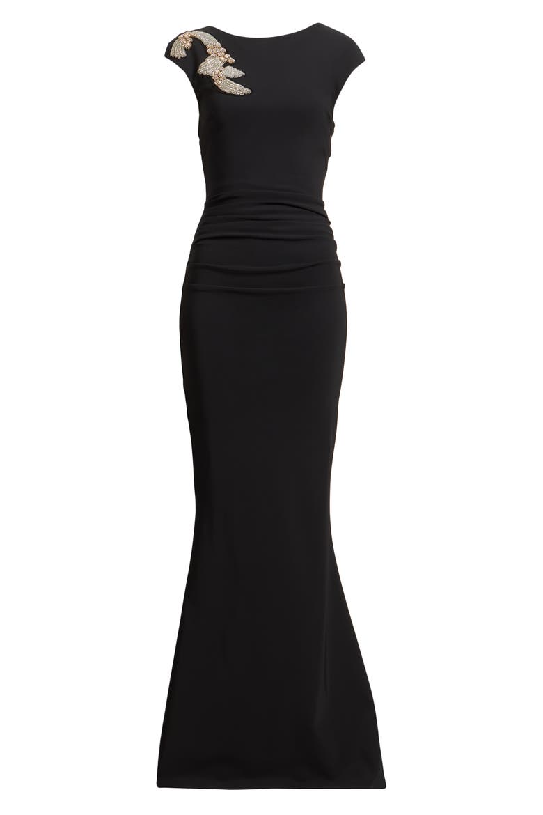 Hesupus Crystal Embellished Ruched Gown, Alternate, color, BLACK