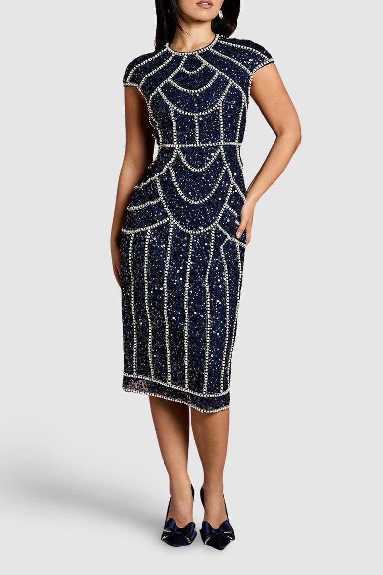 Petite Embellished Midi Dress, Alternate, color, Navy