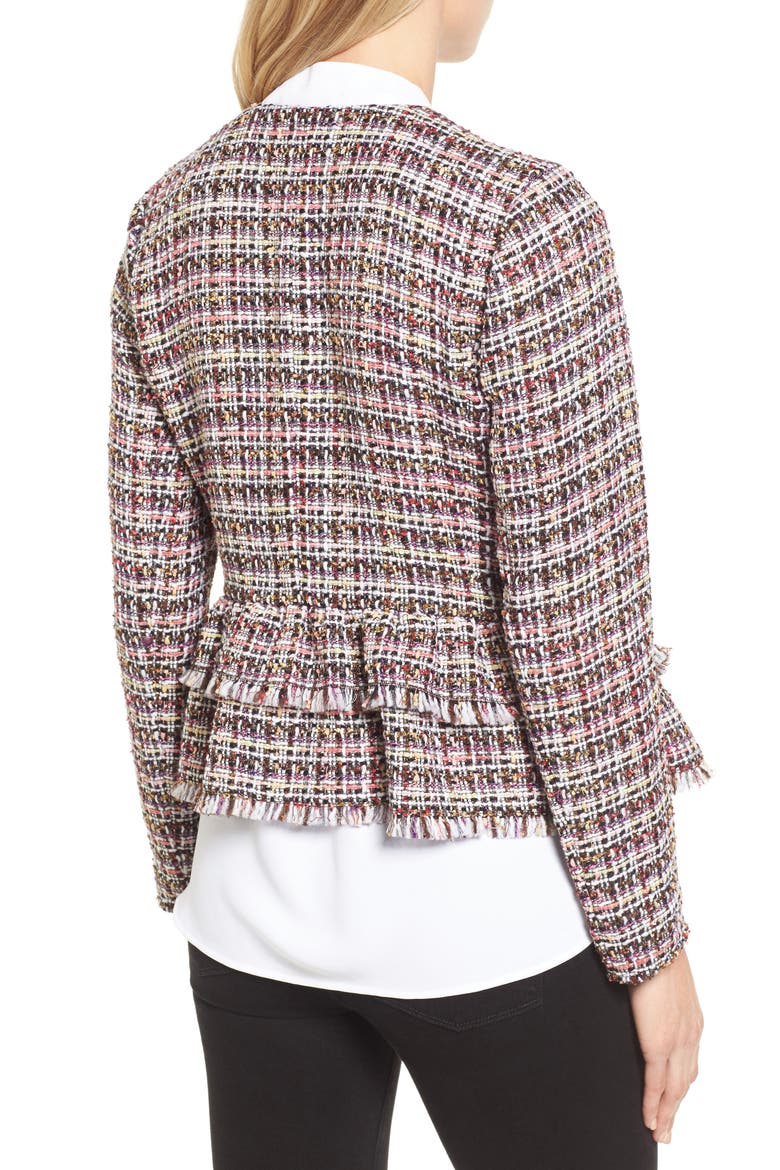 RUFFLE DETAIL TWEED JACKET, Alternate, color, PINK MULTI TWEED