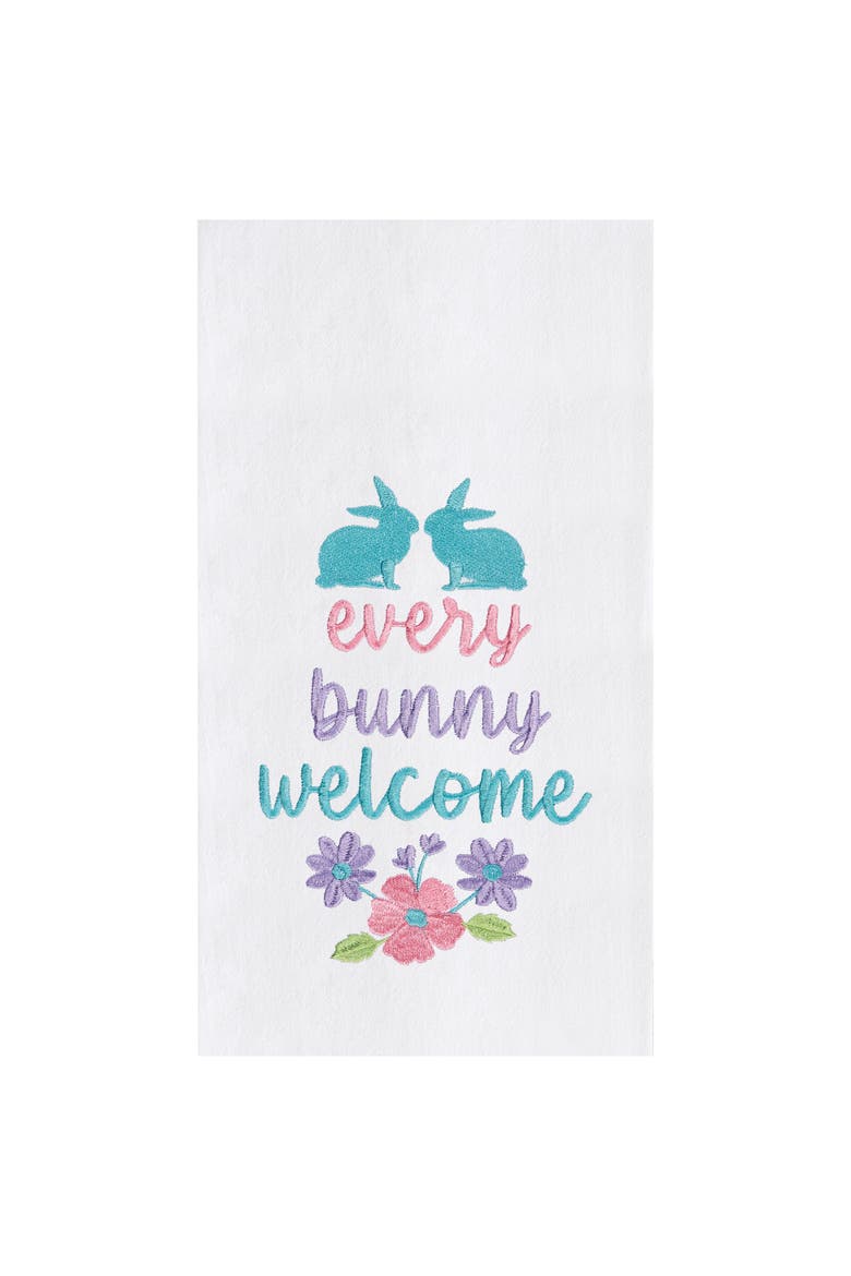 "Every Bunny Welcome" Spring Easter Rabbit Embroidered Cotton Flour Sack Kitchen Dishtowel, Main, color, White