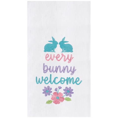 "Every Bunny Welcome" Spring Easter Rabbit Embroidered Cotton Flour Sack Kitchen Dishtowel