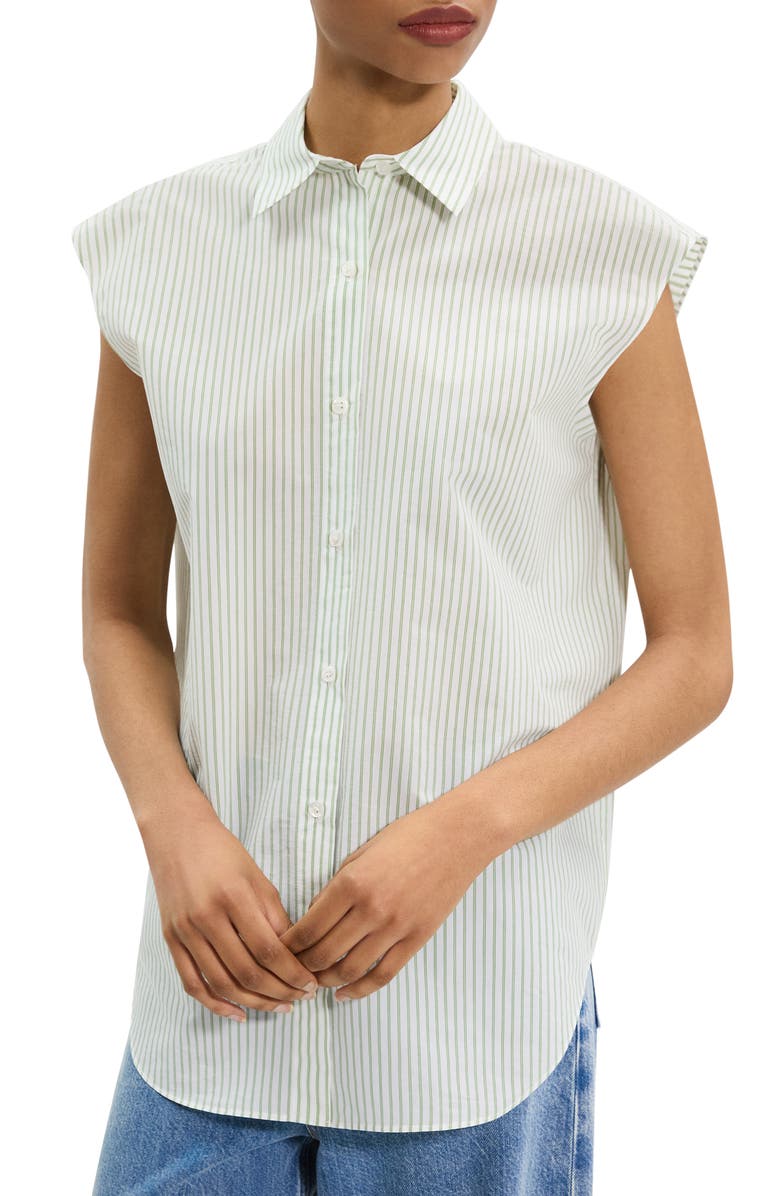 Theory Stripe Cap Sleeve Button-Up Shirt, Main, color, Green Multi