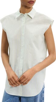 Theory Stripe Cap Sleeve Button-Up Shirt