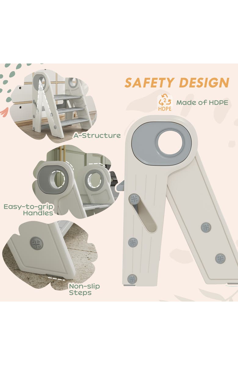 Qaba Foldable Kids Kitchen Stool Helper, 3-Step, Handles, Non-slip, Alternate, color, Gray