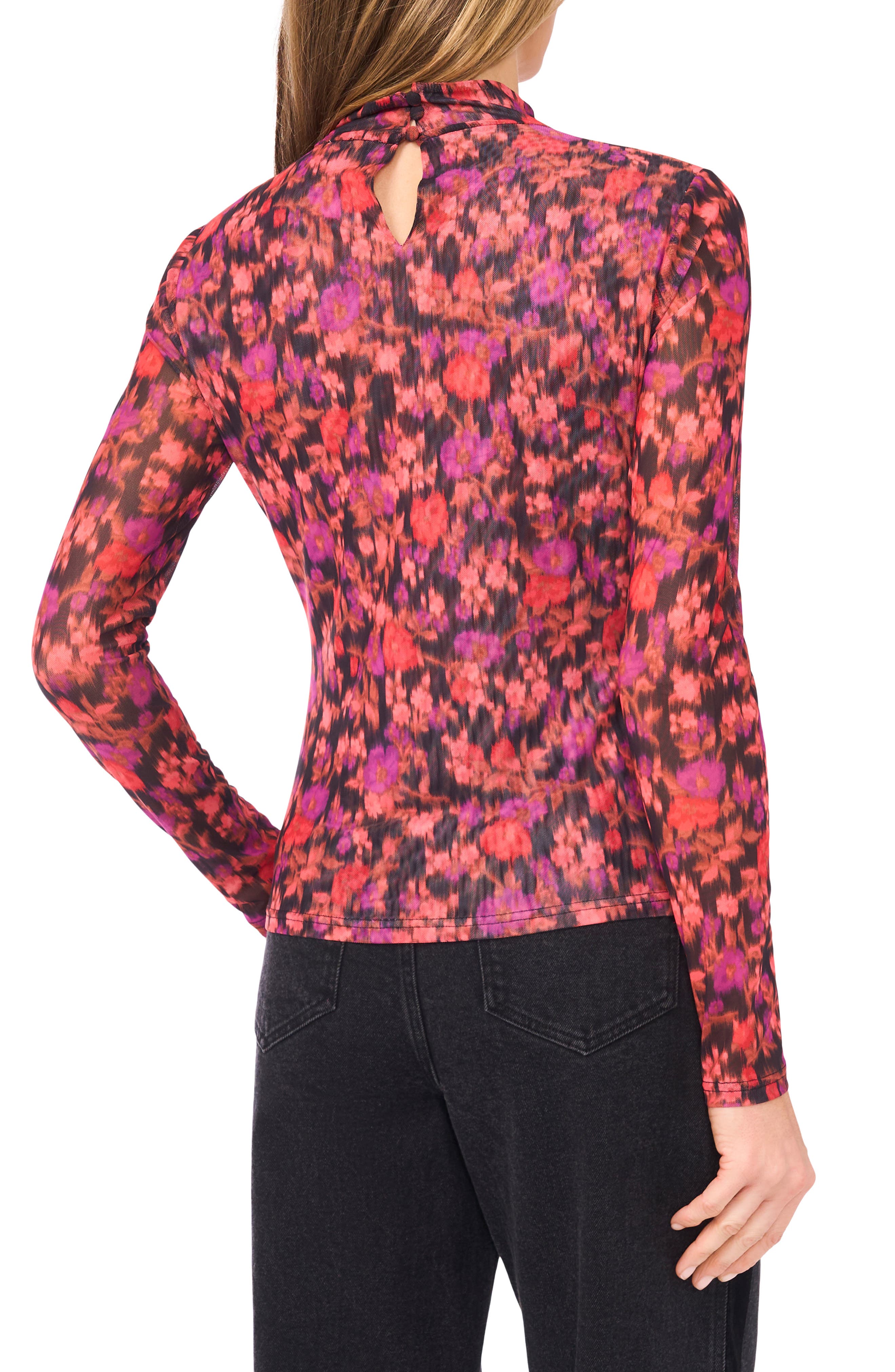 Blurred Floral Mock Neck Mesh Top - image 2