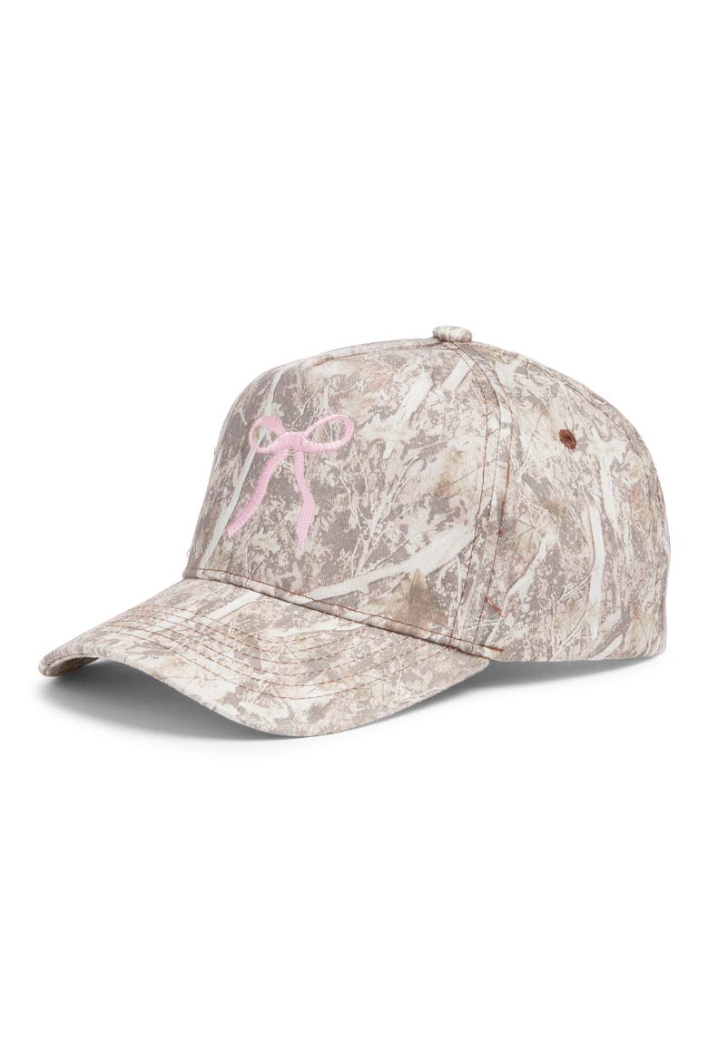 Embroidered Bow Snapback Hat, Main, color, CAMO