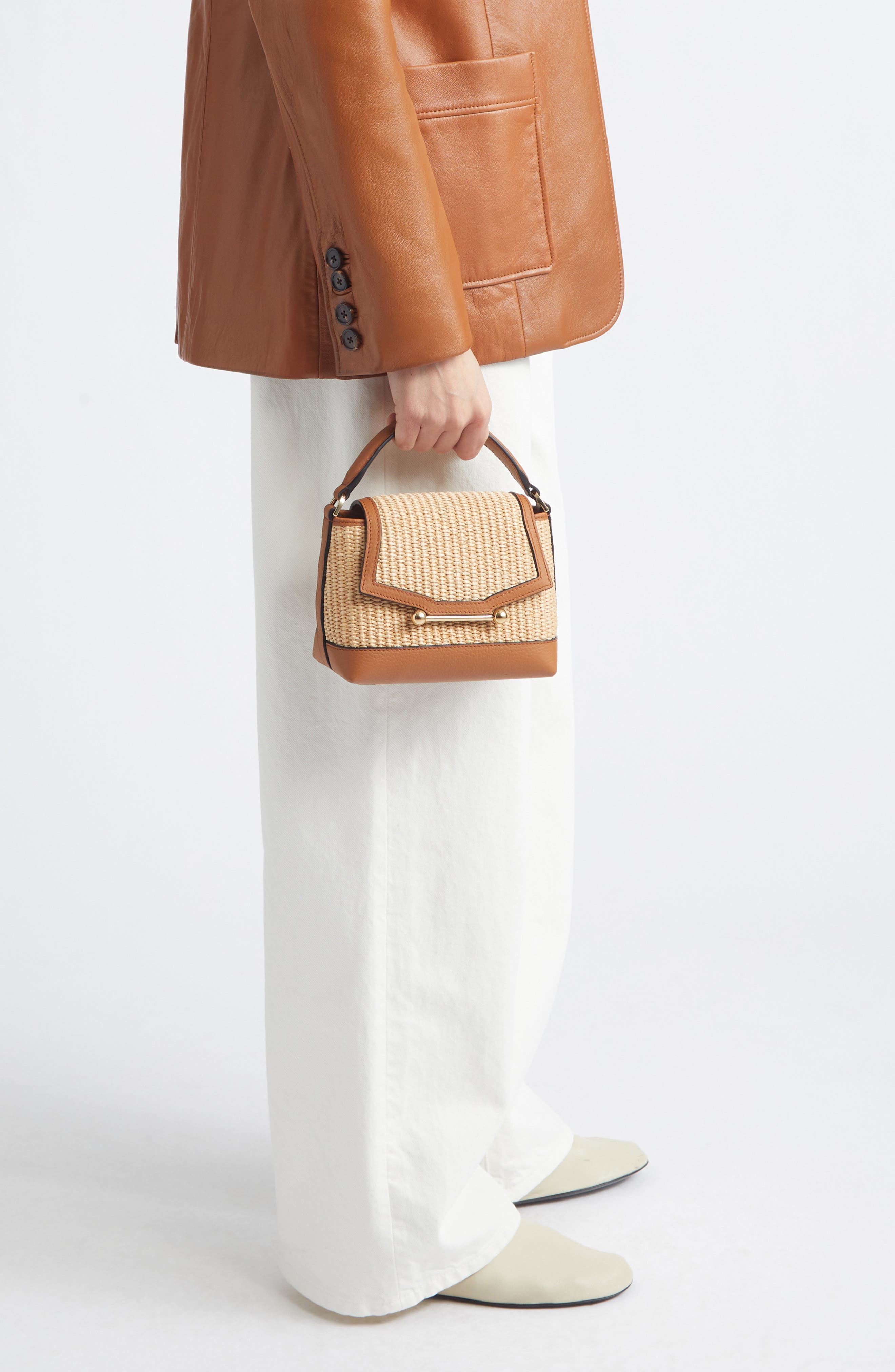 Strathberry Nano Mosaic Raffia & Leather Top Handle Bag, Alternate, color, Tan/ Natural