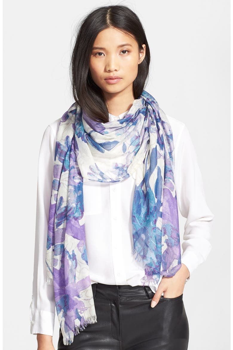 Badgley Mischka Floral Print Modal & Silk Scarf, Main, color, LILAC/ BLUE