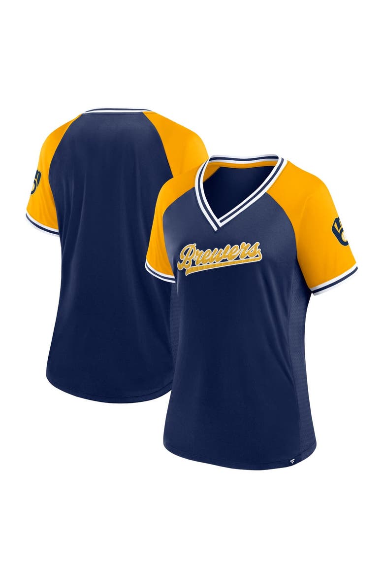 Women's Fanatics Branded Navy Milwaukee Brewers Glitz & Glam League Diva Raglan V-Neck T-Shirt, Main, color, Navy