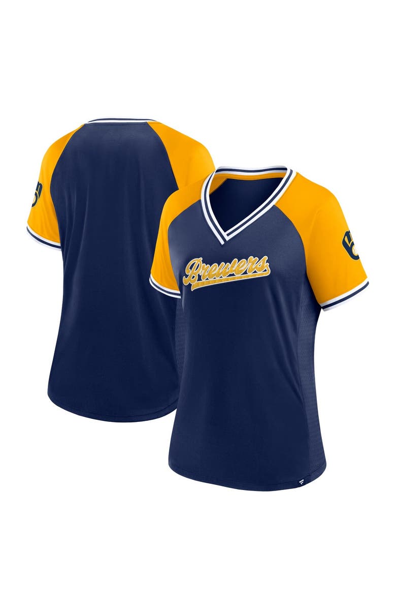 FANATICS Women's Fanatics Branded Navy Milwaukee Brewers Glitz & Glam League Diva Raglan V-Neck T-Shirt, Main, color,