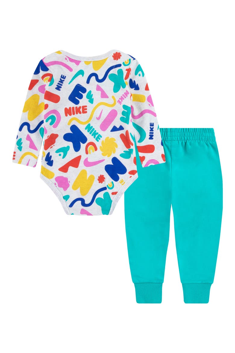 Swoosh Print Bodysuit & Sweatpants Set, Alternate, color, CLEAR JADE