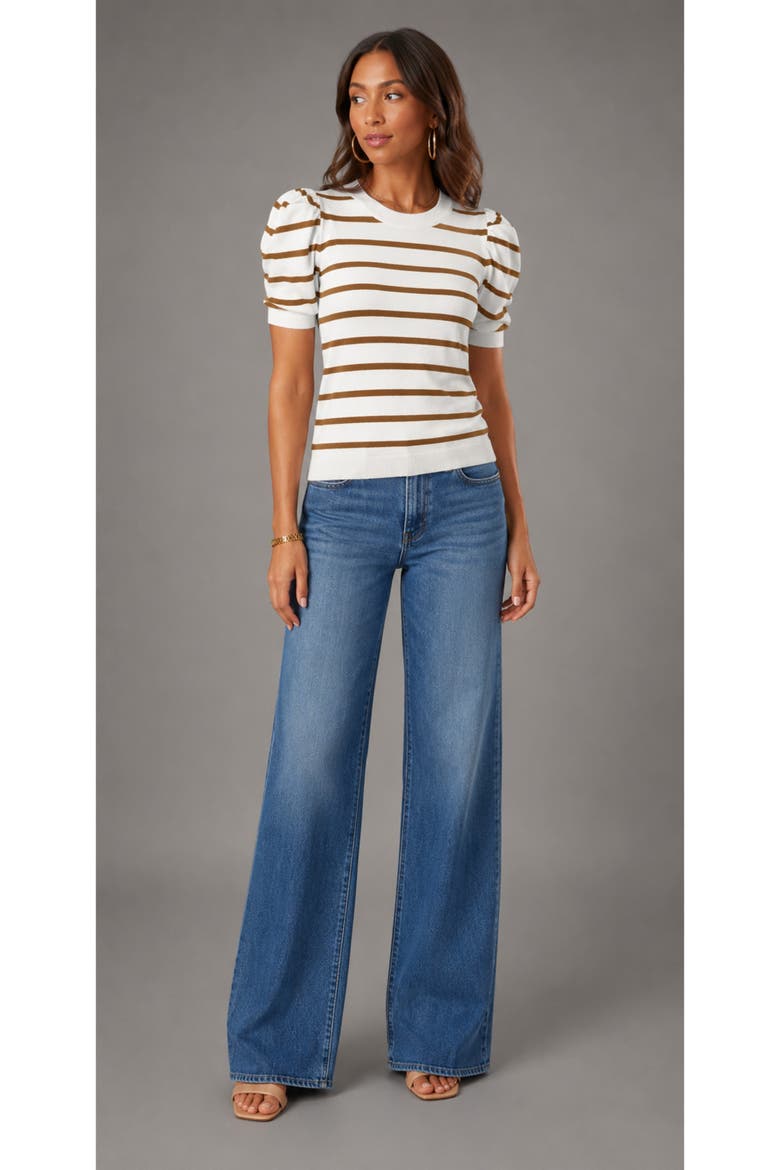 Striped Puff Sleeve Knit Top, Alternate, color, Brown