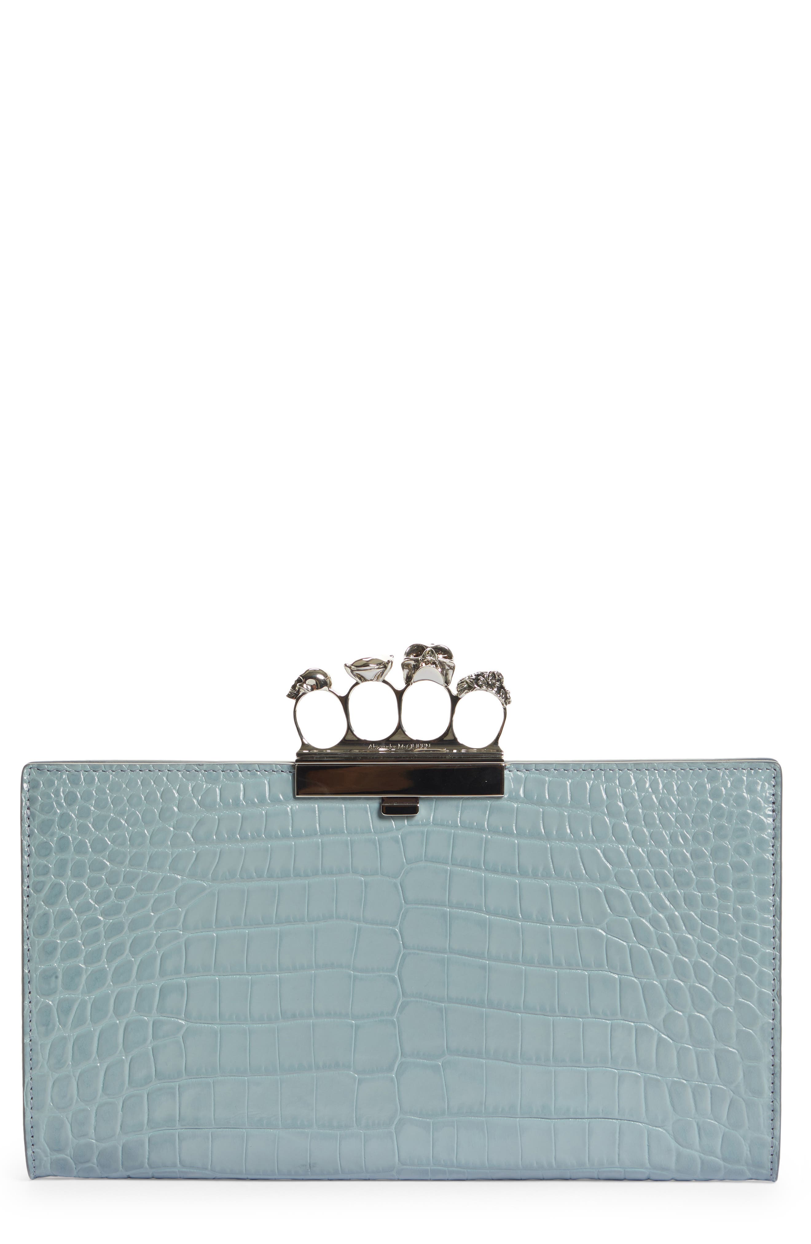 McQueen Alexander McQueen Four Ring Skull Croc Embossed Leather Clutch, Main, color, 