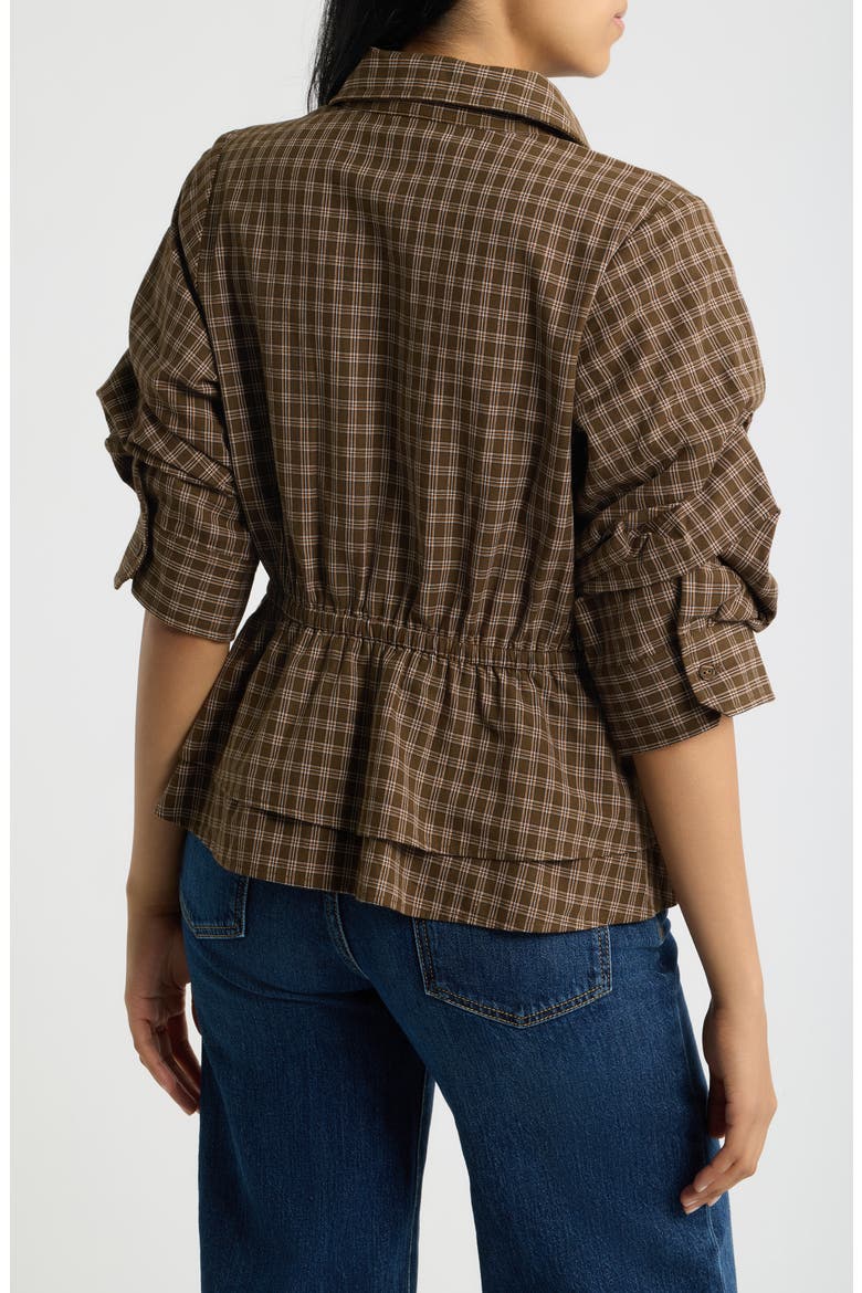 Plaid Ruched Sleeve Peplum Shirt, Alternate, color, COLD BREW MULTI