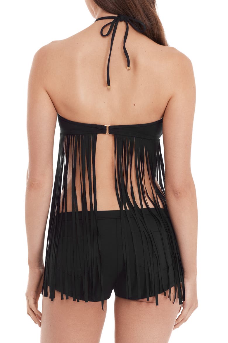 Fringe Halter Tankini Top, Alternate, color, BLACK