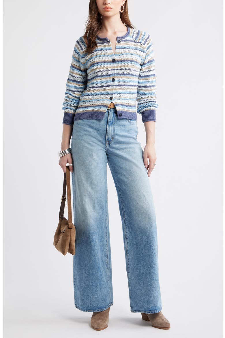 Stripe Pointelle Knit Button Front Cotton Cardigan, Alternate, color, BLUE BLISSFUL STRIPE