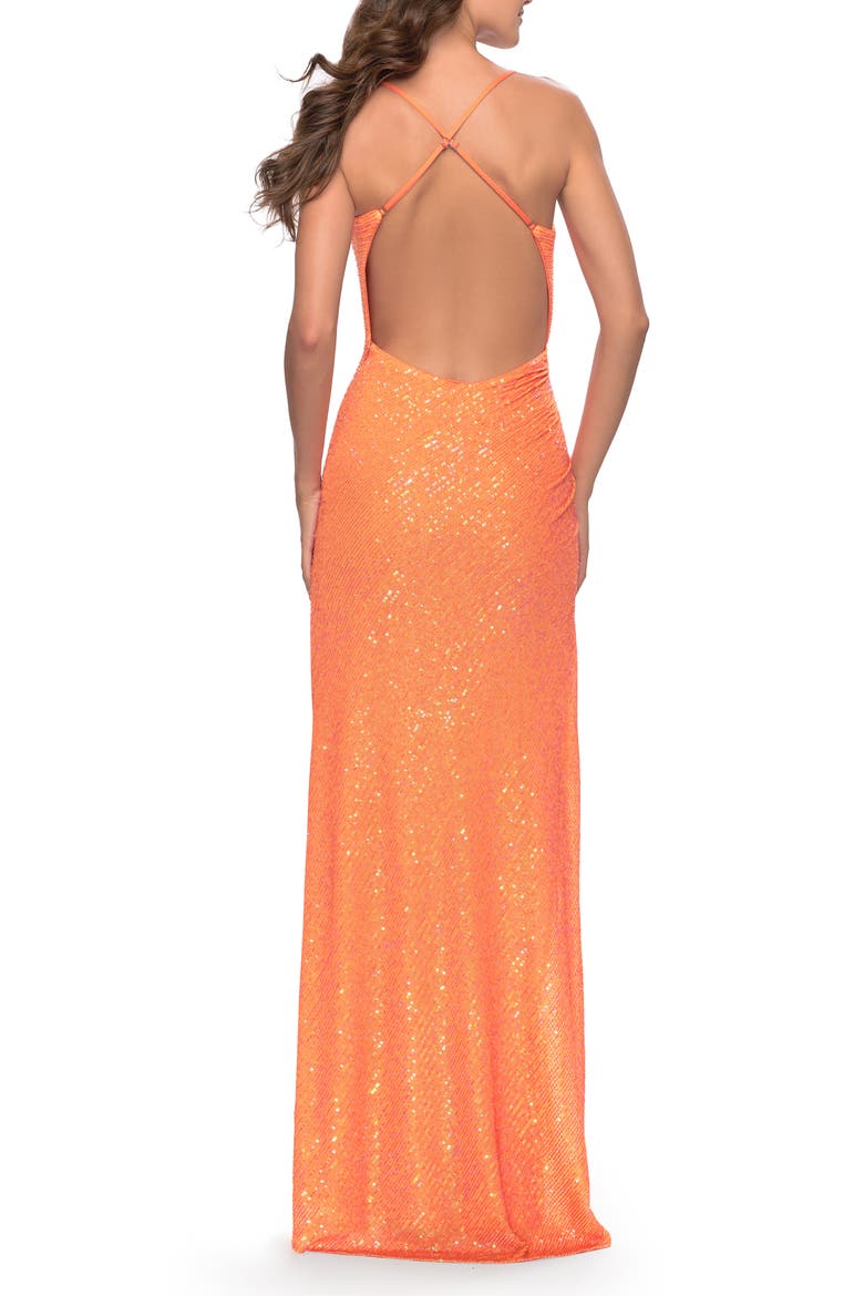 Ruched Sequin Prom Dress with High Side Slit, Alternate, color, Orange