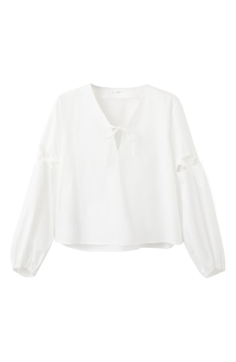 MANGO TEEN Tie Neck Cutout Poplin Top, Alternate, color, 