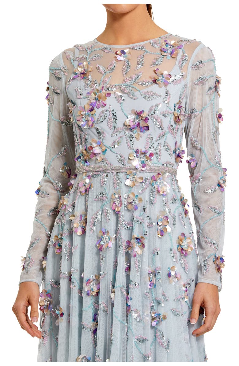 Mac Duggal Long Sleeve Floral Embellished Evening Gown, Alternate, color, Seafoam Multi