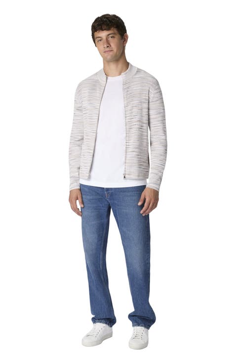 Ribbed Cotton Cardigan With Mock Neck And Space-dye Texture