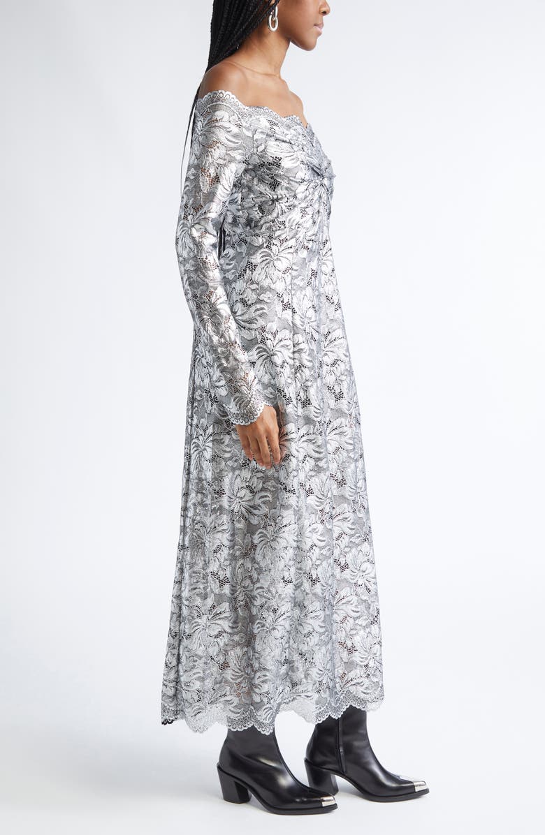 Rabanne Metallic Long Sleeve Stretch Lace Dress, Alternate, color, Black / Silver