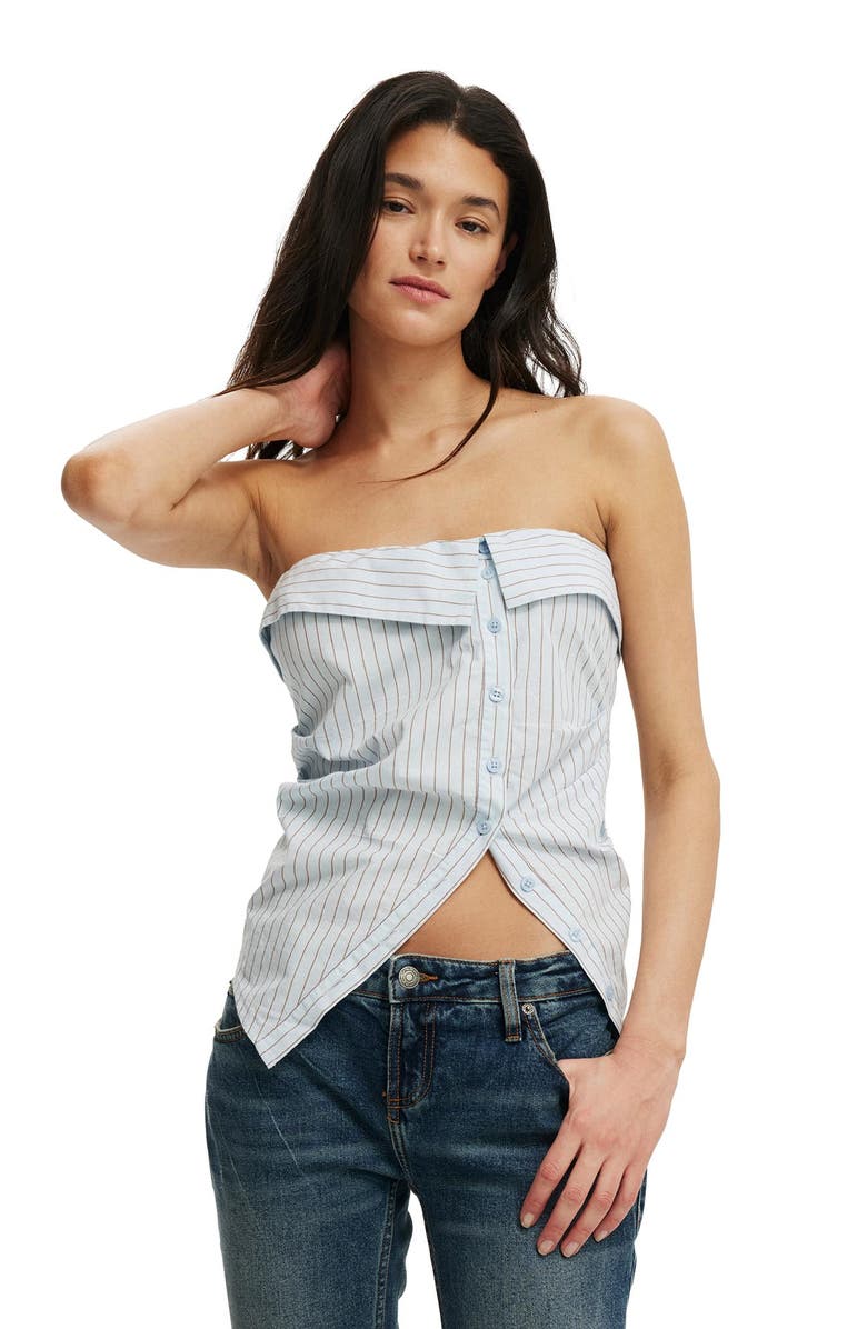 Cotton On Women's Mia Strapless Shirt, Main, color, Skyway Blue Pinstripe